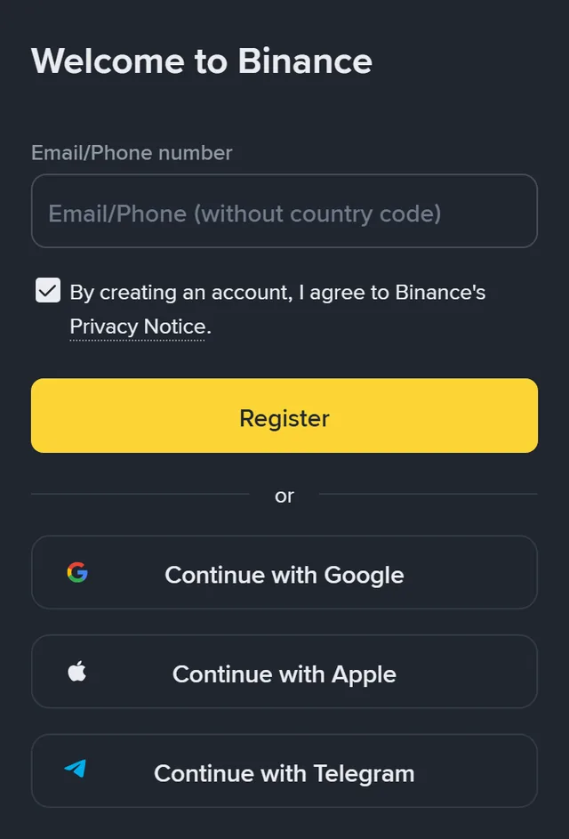 Binance sign-up page: the heading “Welcome to Binance”, one “Email/Phone (without country code)” field, a ticked “By creating an account, I agree to Binance's Privacy Notice” box, a yellow “Register” button, then “Continue with Google”, “Continue with Apple” and “Continue with Telegram” buttons